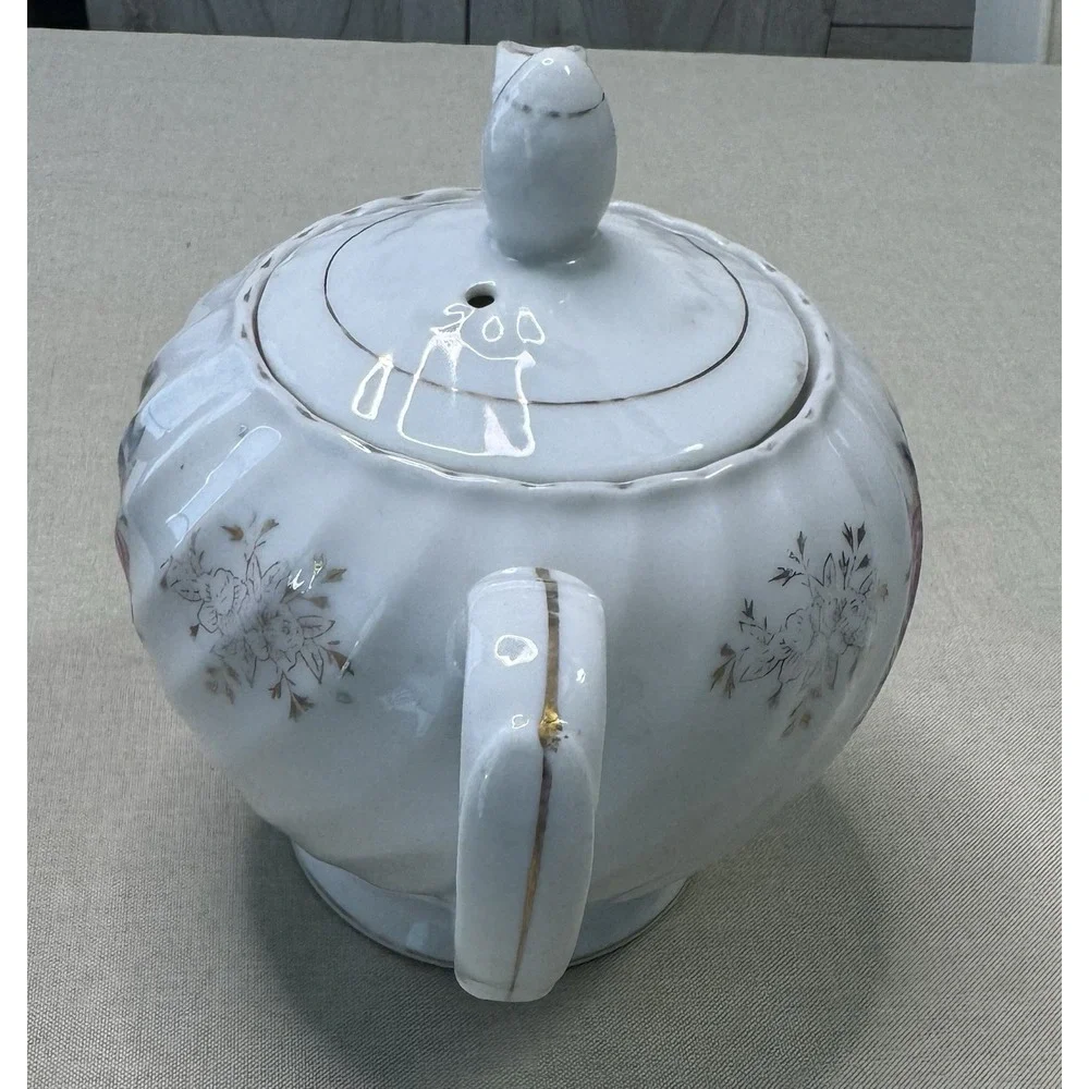 Vintage Floral Teapot‎ White Ceramic Pink Roses Gold Trim Cottagecore Shabby